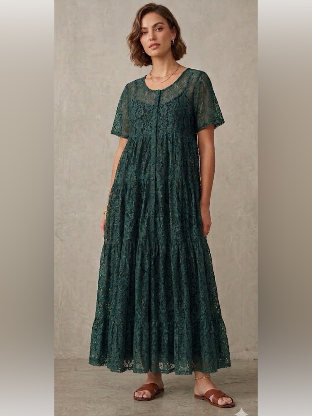 Vintage American Age Forest Green Tiered Lace Button Front Dress